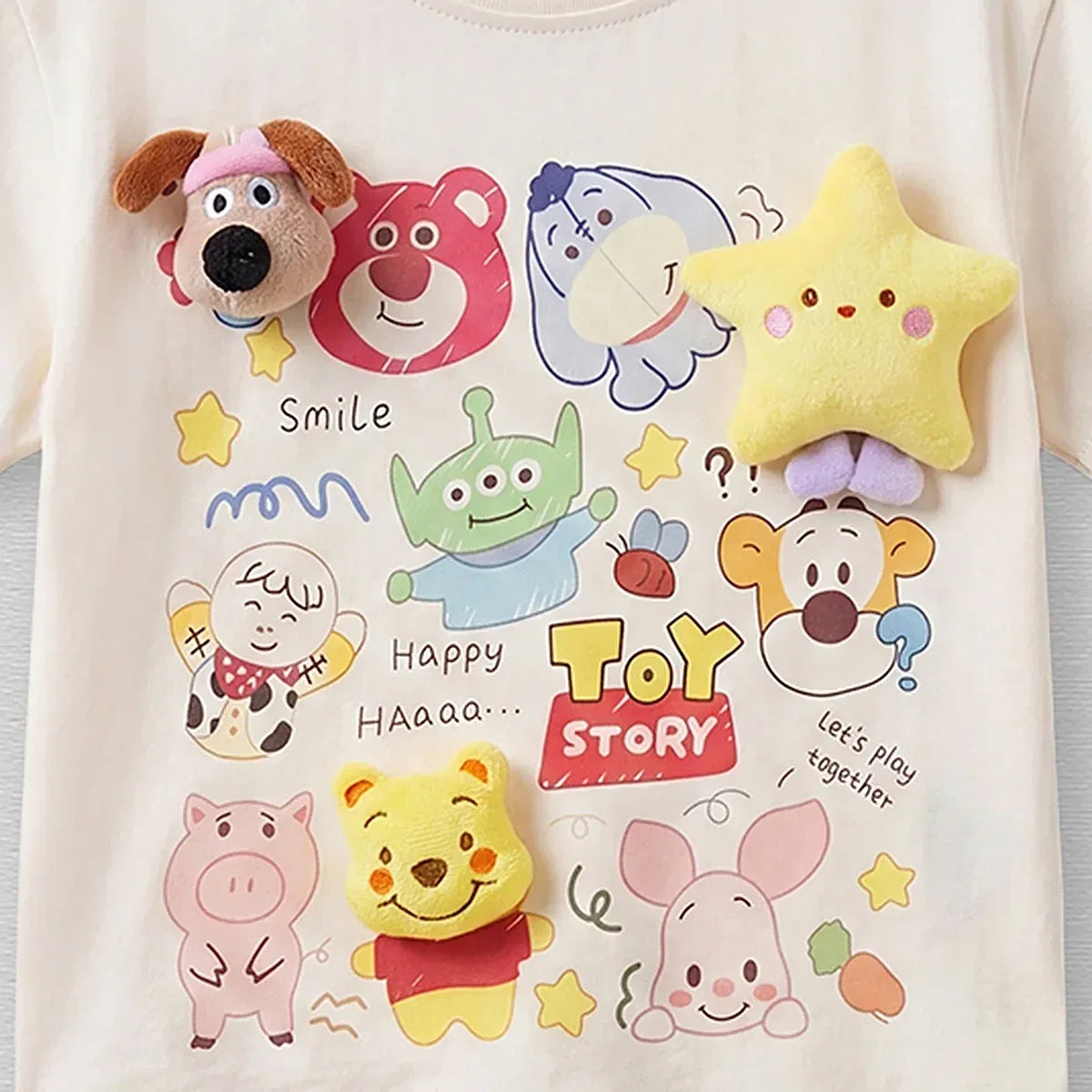 Cute Cartoon Toy Story 3D Kids T-Shirt with Plush Character Appliqués | Soft Cotton Summer Tee for Boys & Girls