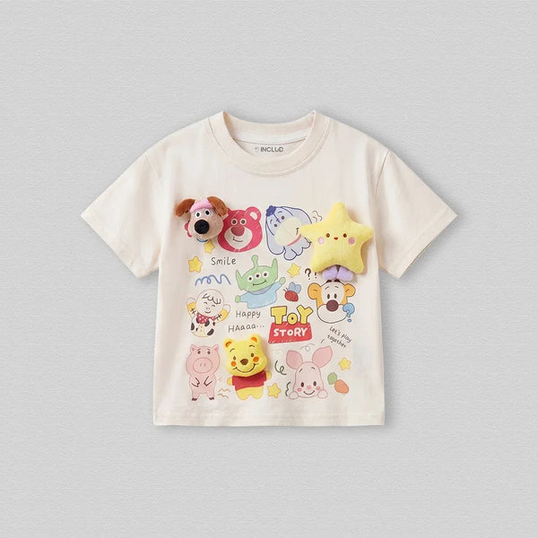 Cute Cartoon Toy Story 3D Kids T-Shirt with Plush Character Appliqués | Soft Cotton Summer Tee for Boys & Girls